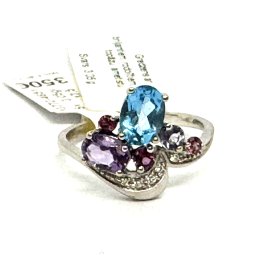 Gredzen  ar briljantiem (0.01 ct), rodolītiem, topāzu, ametistu  13770-4651