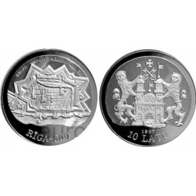 Latvijas sudraba monēta 10 latu 1997 Rigai 800 - 17. gs.