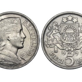 Latvijas sudraba monēta 5 Lati 1929.gads