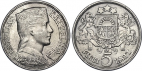 Latvijas sudraba monēta 5 Lati 1929.g.