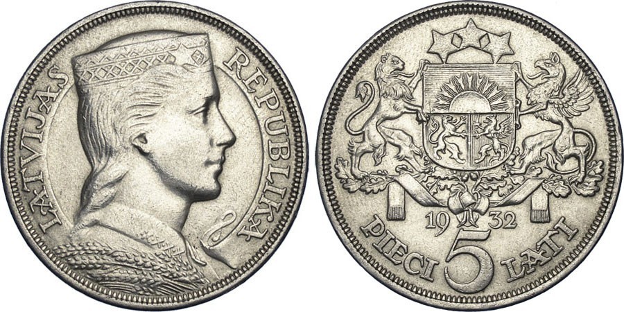 Latvijas sudraba monēta 5 Lati 1932 gads