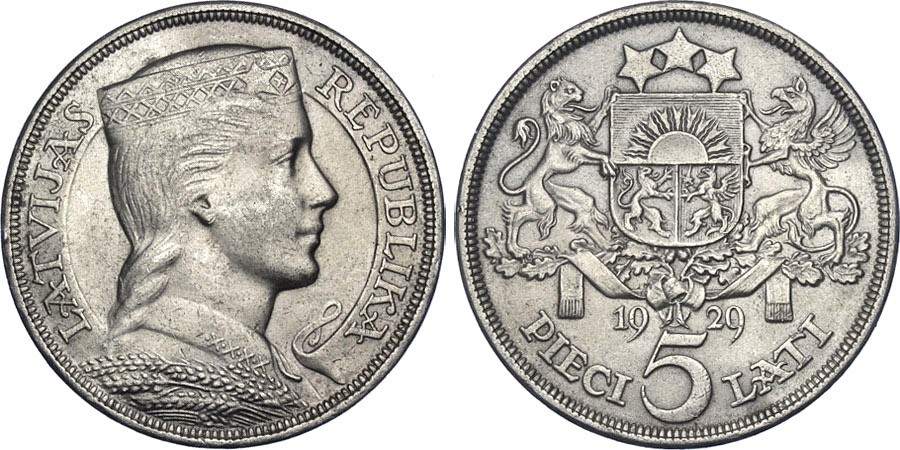 Latvijas sudraba monēta 5 Lati 1929.g.