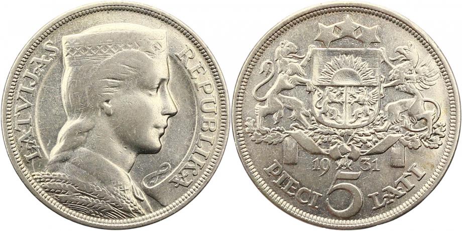 Latvijas sudraba monēta 5 lati 1929.g.