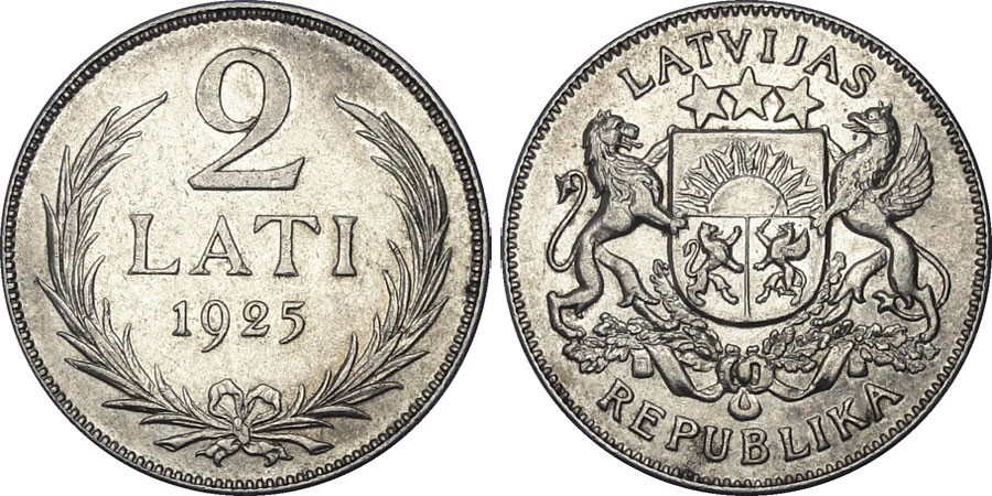 Latvijas sudraba monēta 2 Lati 1925. gada