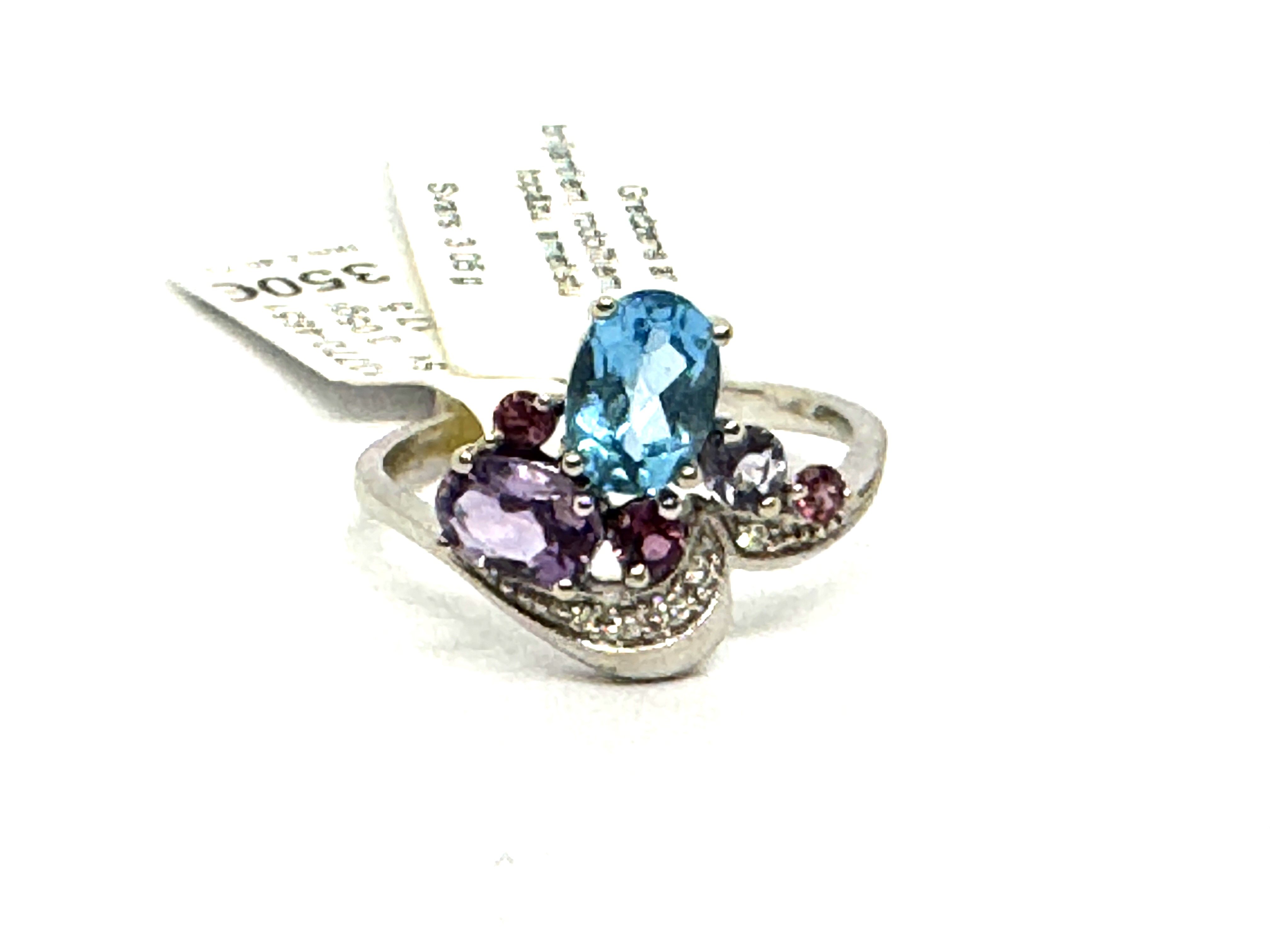 Gredzen  ar briljantiem (0.01 ct), rodolītiem, topāzu, ametistu  13770-4651