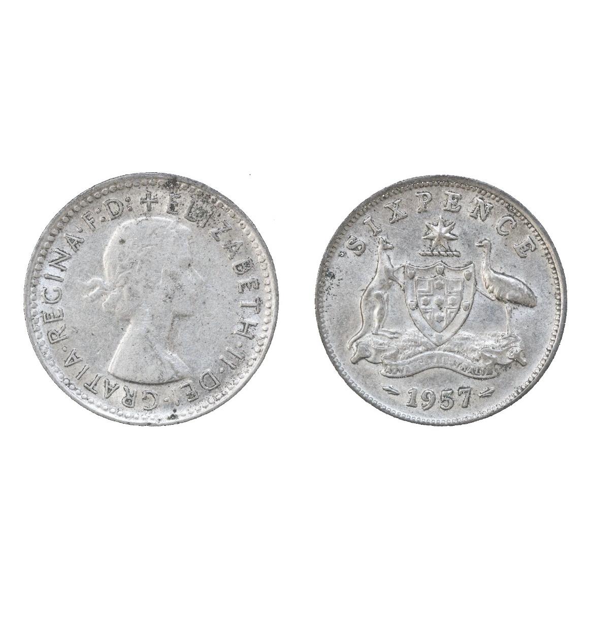 Austrālijas sešu pensu sudraba Trojas unce 1957. gads