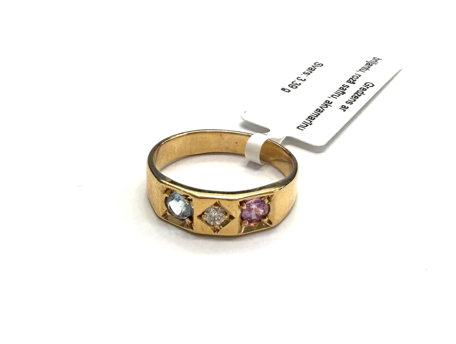 Gredzens ar briljantu (0.05ct), rozā safīru (0.12 ct), akvamarīnu 1371-0763