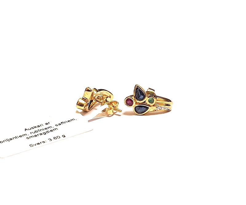 Auskari ar briljantiem (0.02 ct.), rubīniem (0.06 ct.), safīriem (0.20 ct.), smaragdiem (0.04 ct.) 983-3063