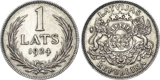 Latvijas sudraba monēta 1 Lats 1924. gads