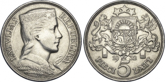 Latvijas sudraba monēta 5 Lati 1932 gads