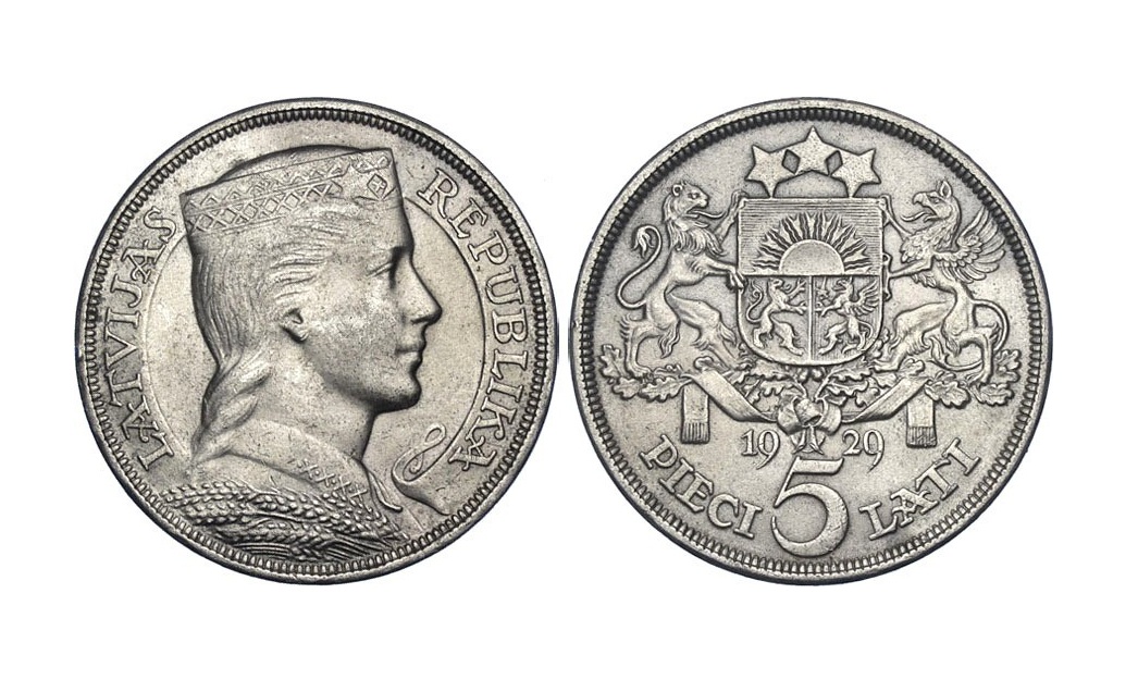 Latvijas sudraba monēta 5 Lati 1929.gads