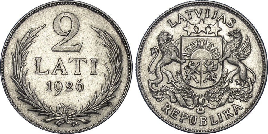 Latvijas sudraba monēta 2 Lati 1926. gads
